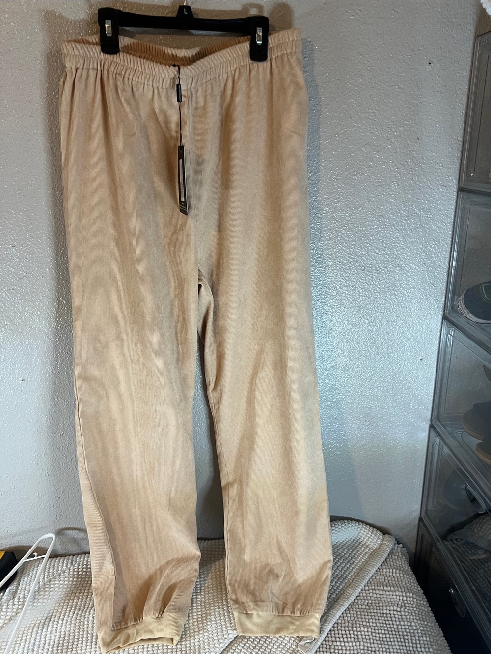 PrettyLittleThing Tan Corduroy Elastic-Waist Track Pants